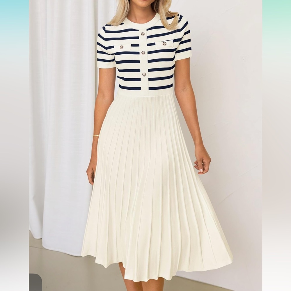 Midi Dress Crewneck Short Sleeve Button Ribbed Knit Swing Pleated A Line Dresses